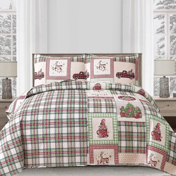 Christmas Bedding Set Christmas Quilt Bedspread Xmas Coverlet, Red Green Plaid - Picture 3 of 7